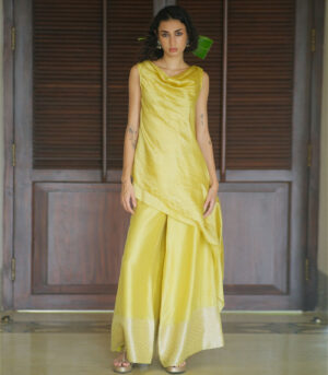 Silk bias cowl neck kurta W benerasi woven pallazo