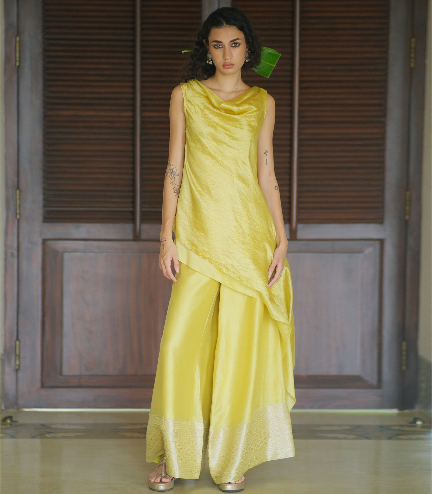 Silk bias cowl neck kurta W benerasi woven pallazo