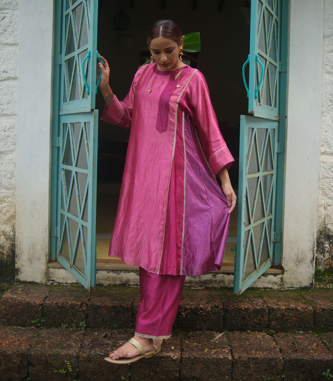 Patchwork silk kurta with matching pants