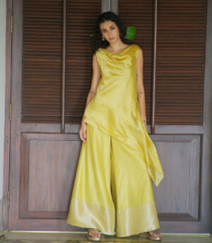 Silk bias cowl neck kurta W benerasi woven pallazo