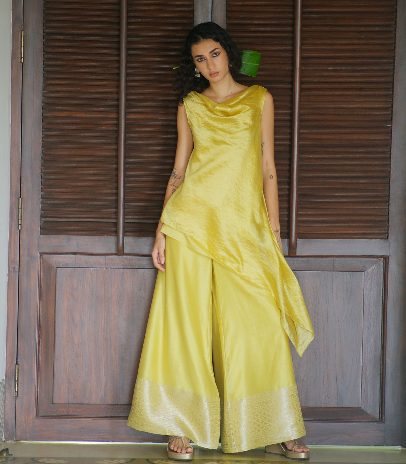 Silk bias cowl neck kurta W benerasi woven pallazo - Image 2