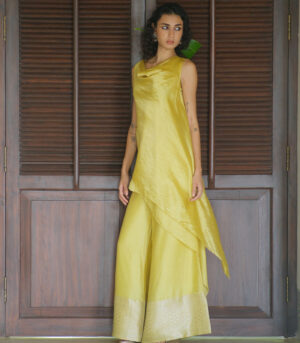 Silk bias cowl neck kurta W benerasi woven pallazo