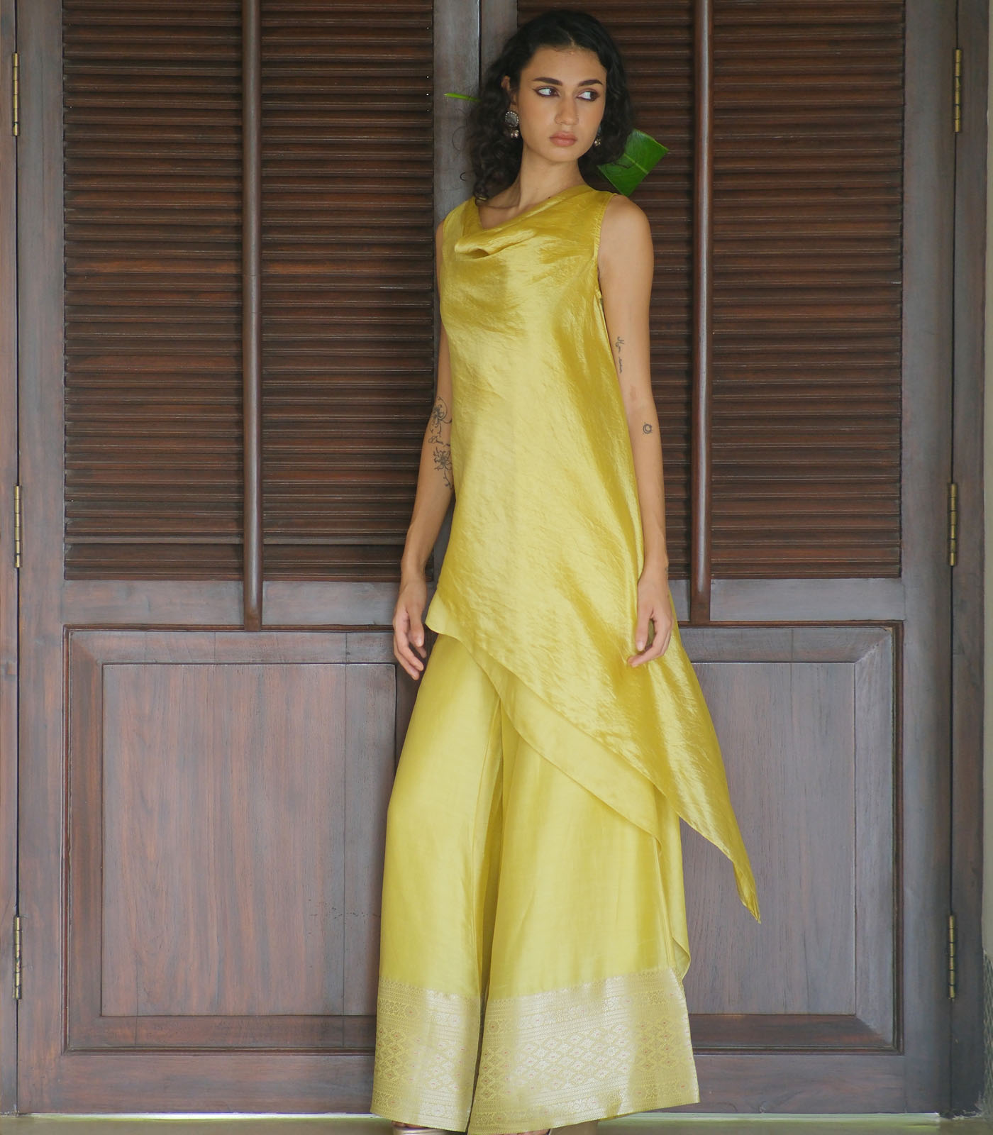 Silk bias cowl neck kurta W benerasi woven pallazo - Image 3