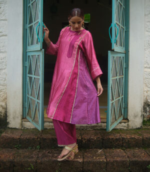 Patchwork silk kurta with matching pants