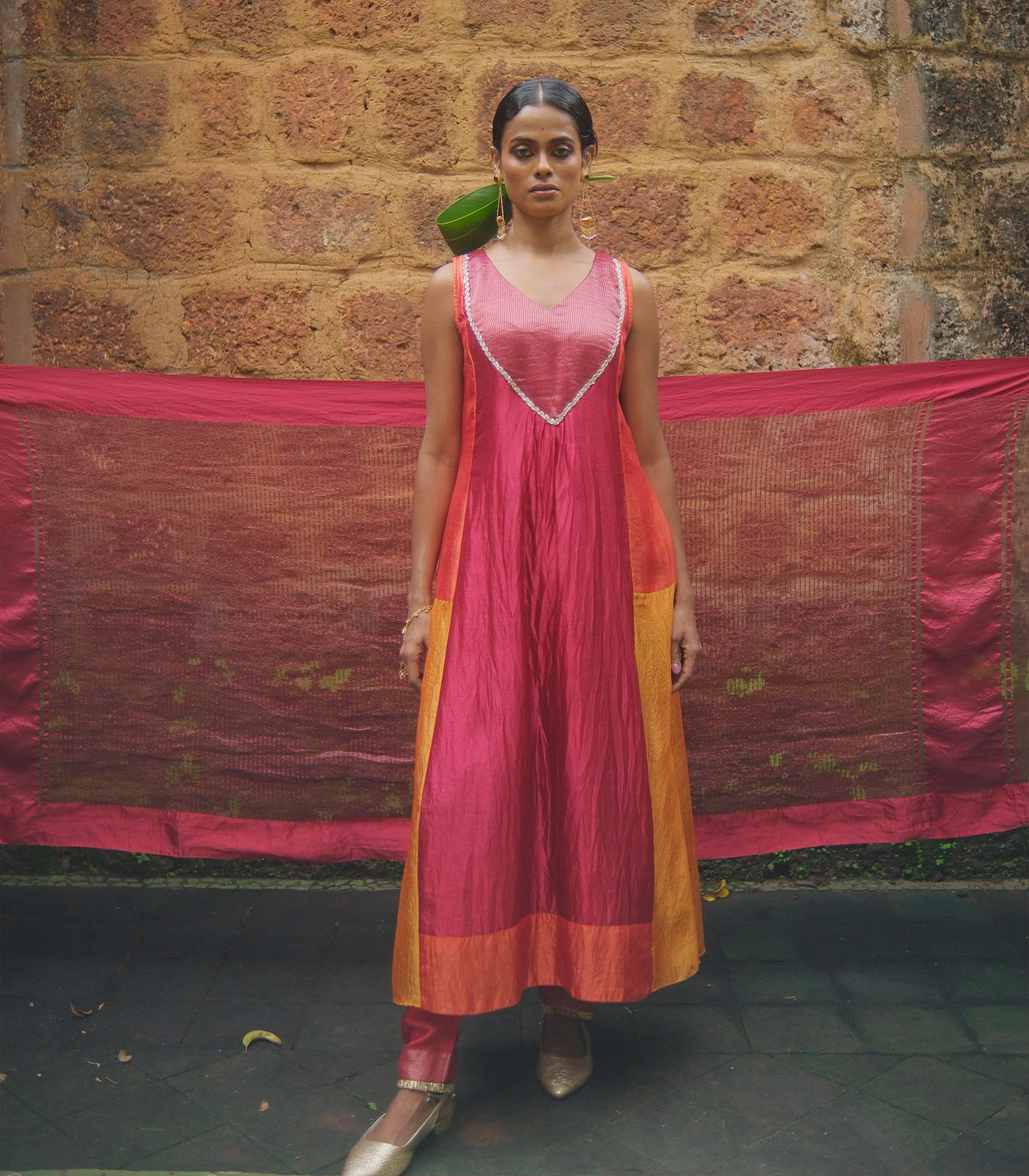 Silk patchwork kurta with dupatta - Image 4