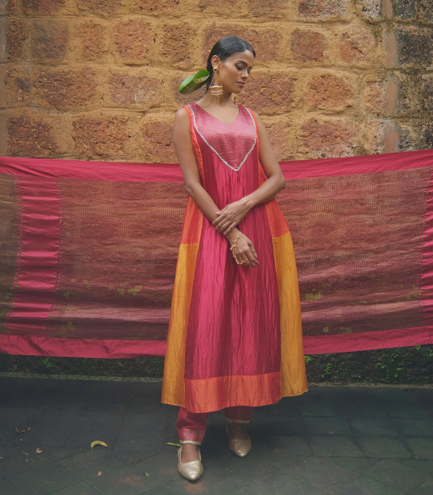 Silk patchwork kurta with dupatta