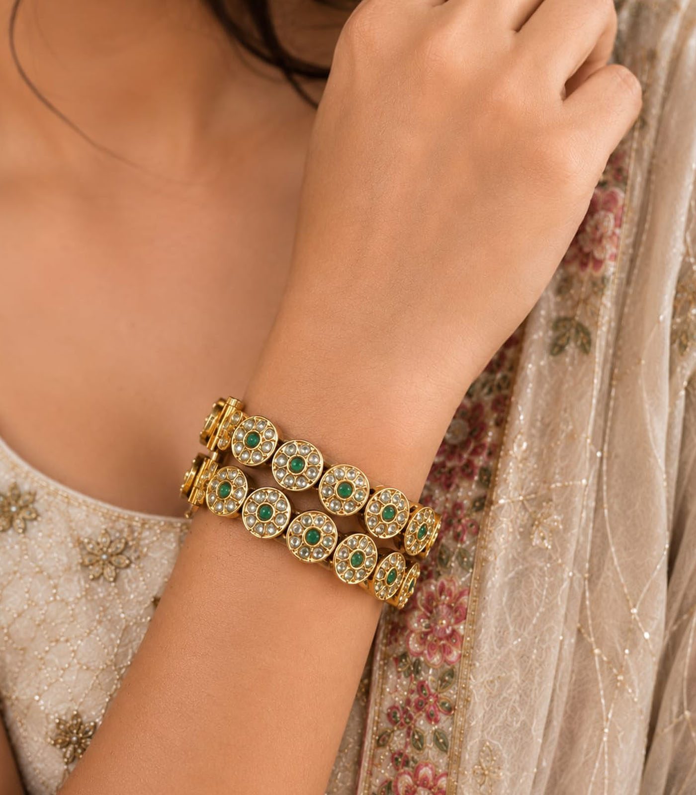 Emerald Polki Floral Kada Set