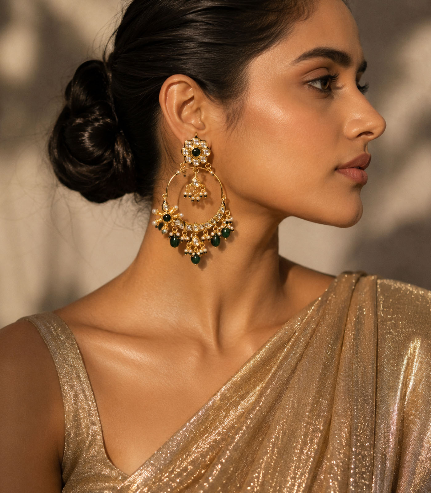 Emerald Floral Hoop Earrings with Pearl Drops