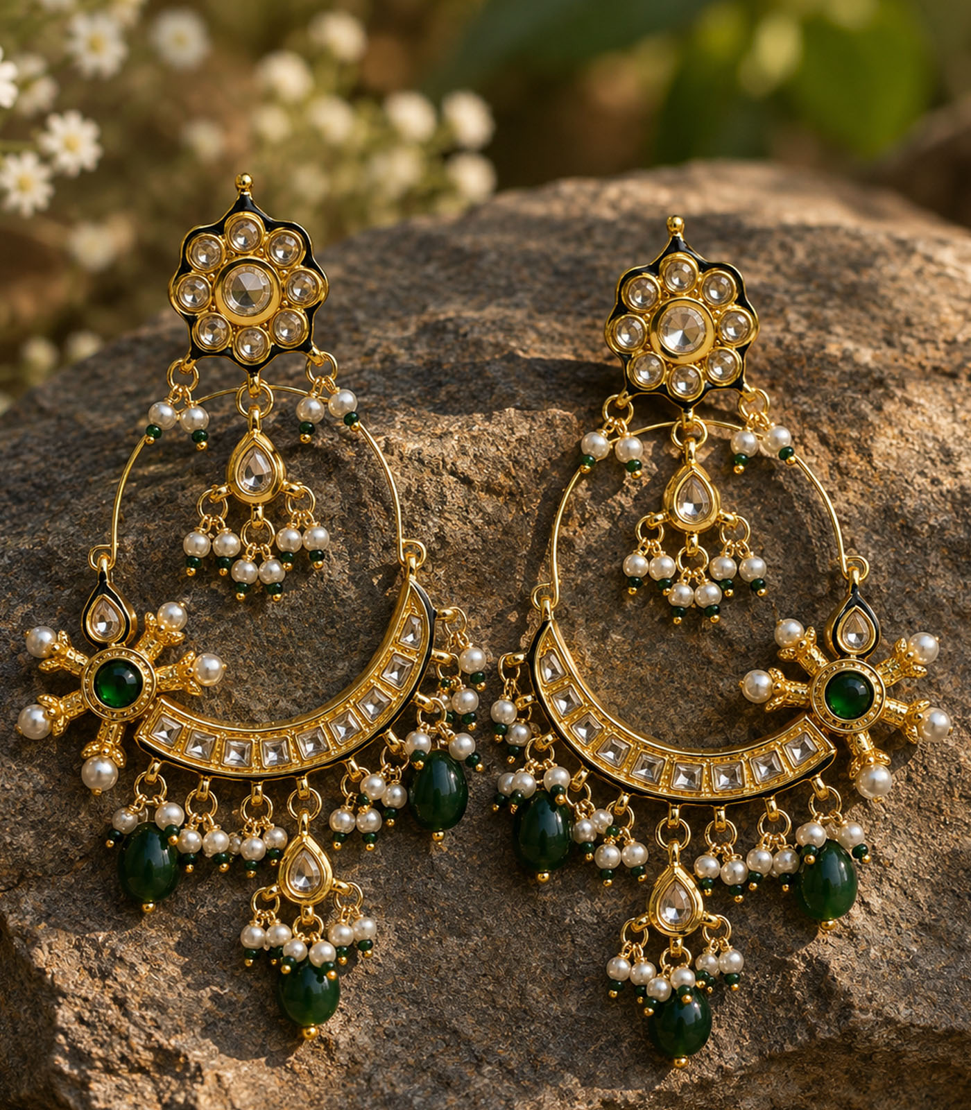 Emerald Floral Hoop Earrings with Pearl Drops - Image 3
