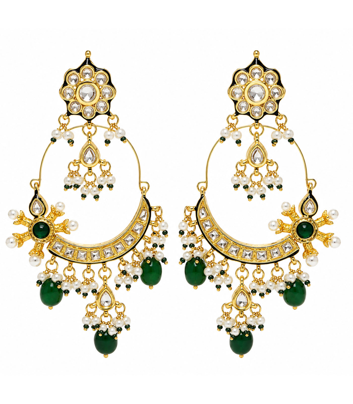 Emerald Floral Hoop Earrings with Pearl Drops - Image 2