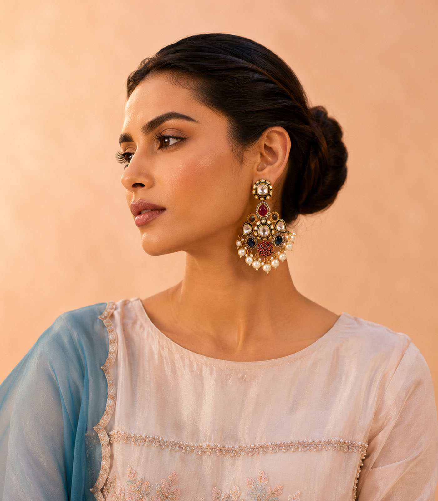 Multicolour Polki Drop Earrings with Pearl Accents