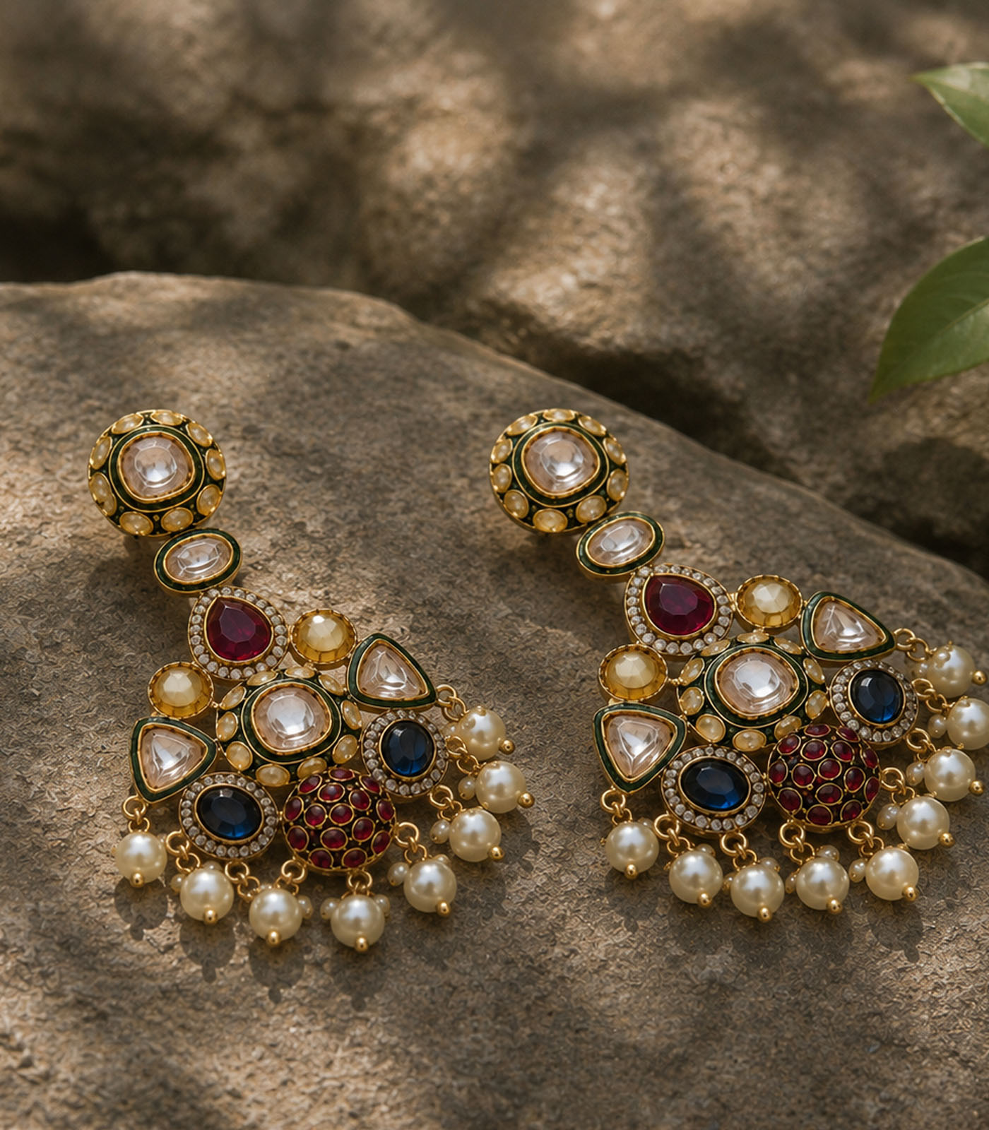 Multicolour Polki Drop Earrings with Pearl Accents - Image 3