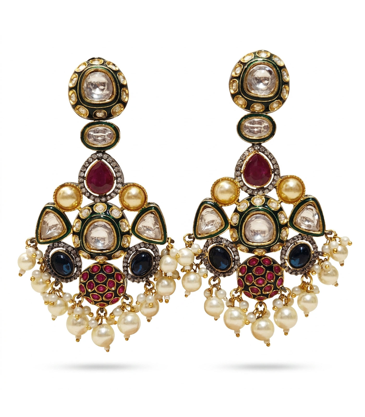 Multicolour Polki Drop Earrings with Pearl Accents - Image 2