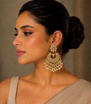 Polki Chandbali Earrings with Pearl Drops