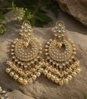 Polki Chandbali Earrings with Pearl Drops