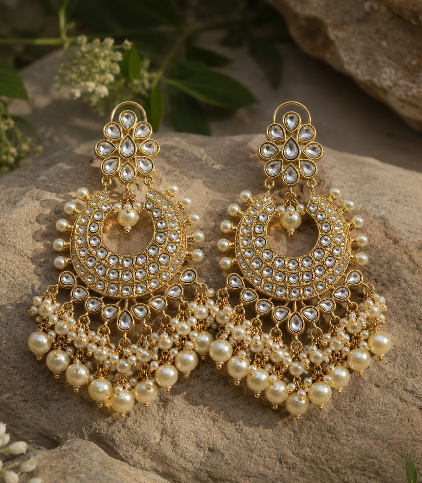Polki Chandbali Earrings with Pearl Drops - Image 3