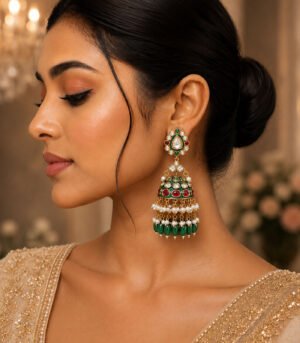 Meenakari Polki Jhumka Earrings with Emerald Drops