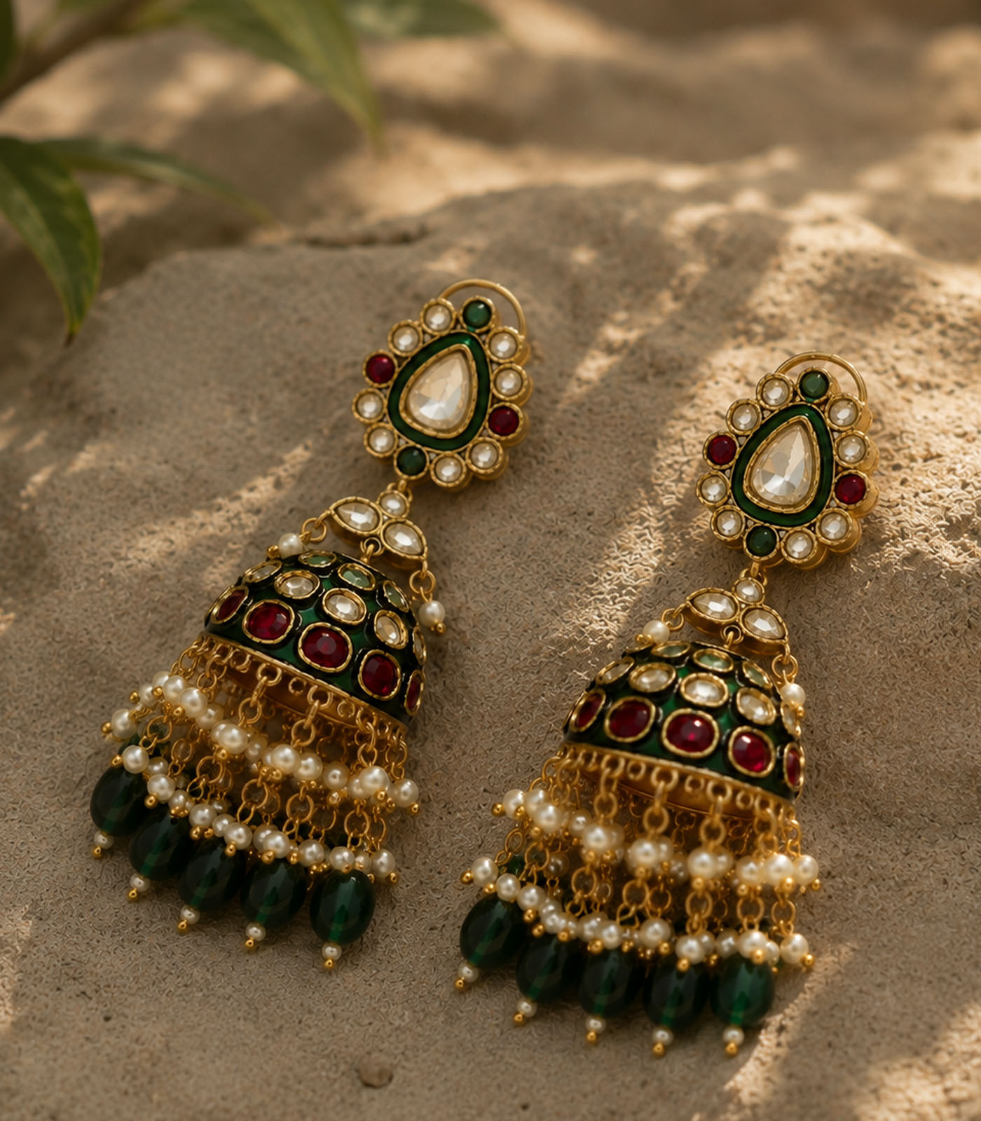 Meenakari Polki Jhumka Earrings with Emerald Drops - Image 3