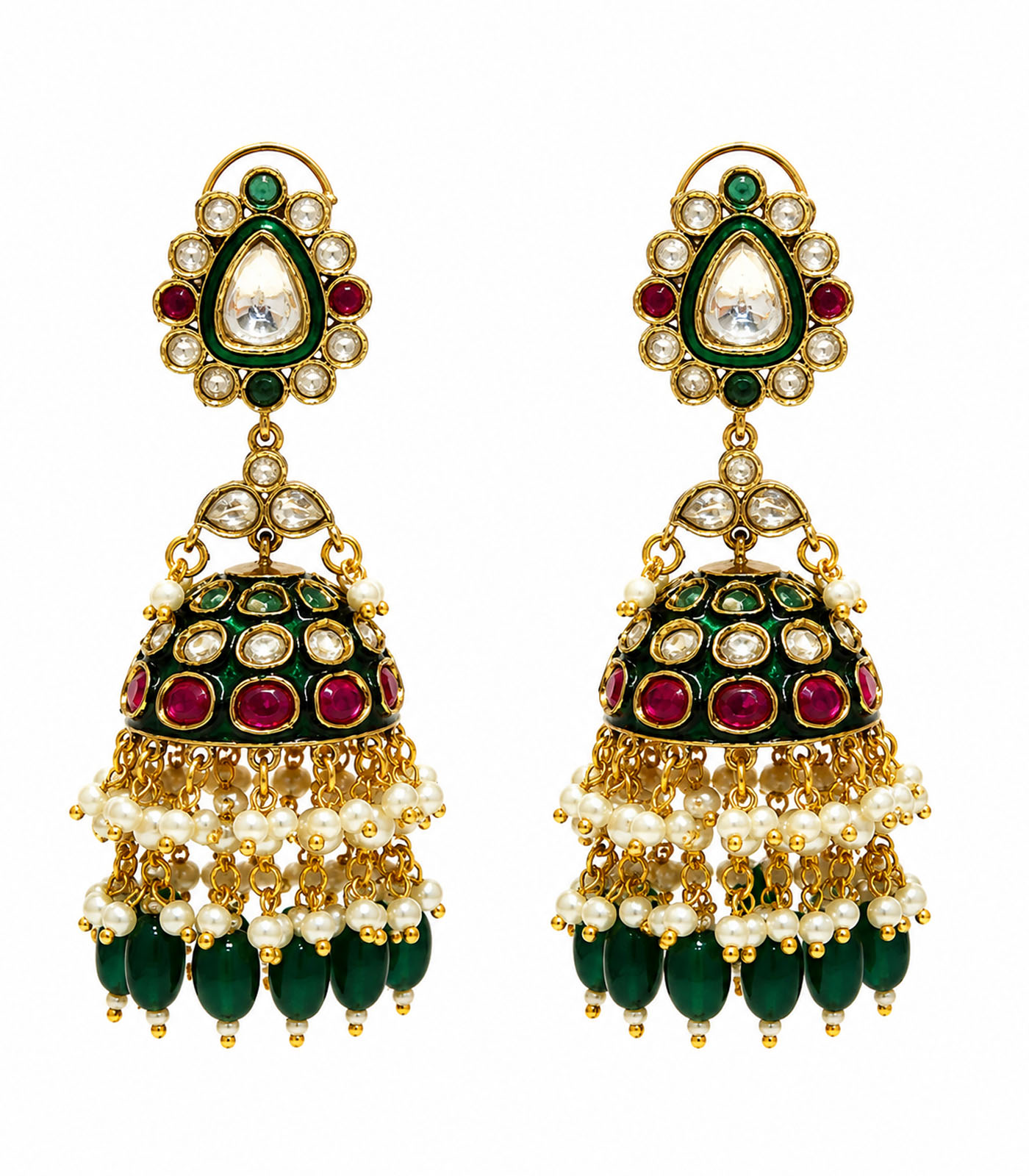 Meenakari Polki Jhumka Earrings with Emerald Drops - Image 2
