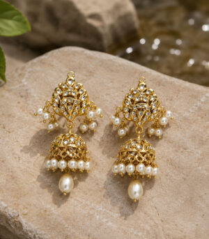 Polki Jhumka Earrings with Pearl Drops