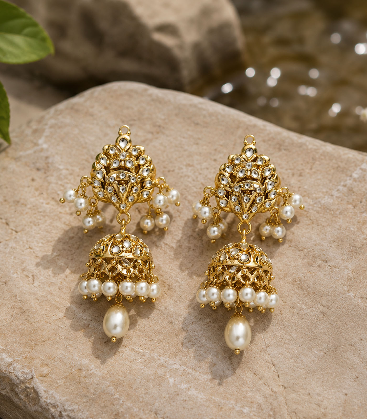 Polki Jhumka Earrings with Pearl Drops - Image 3