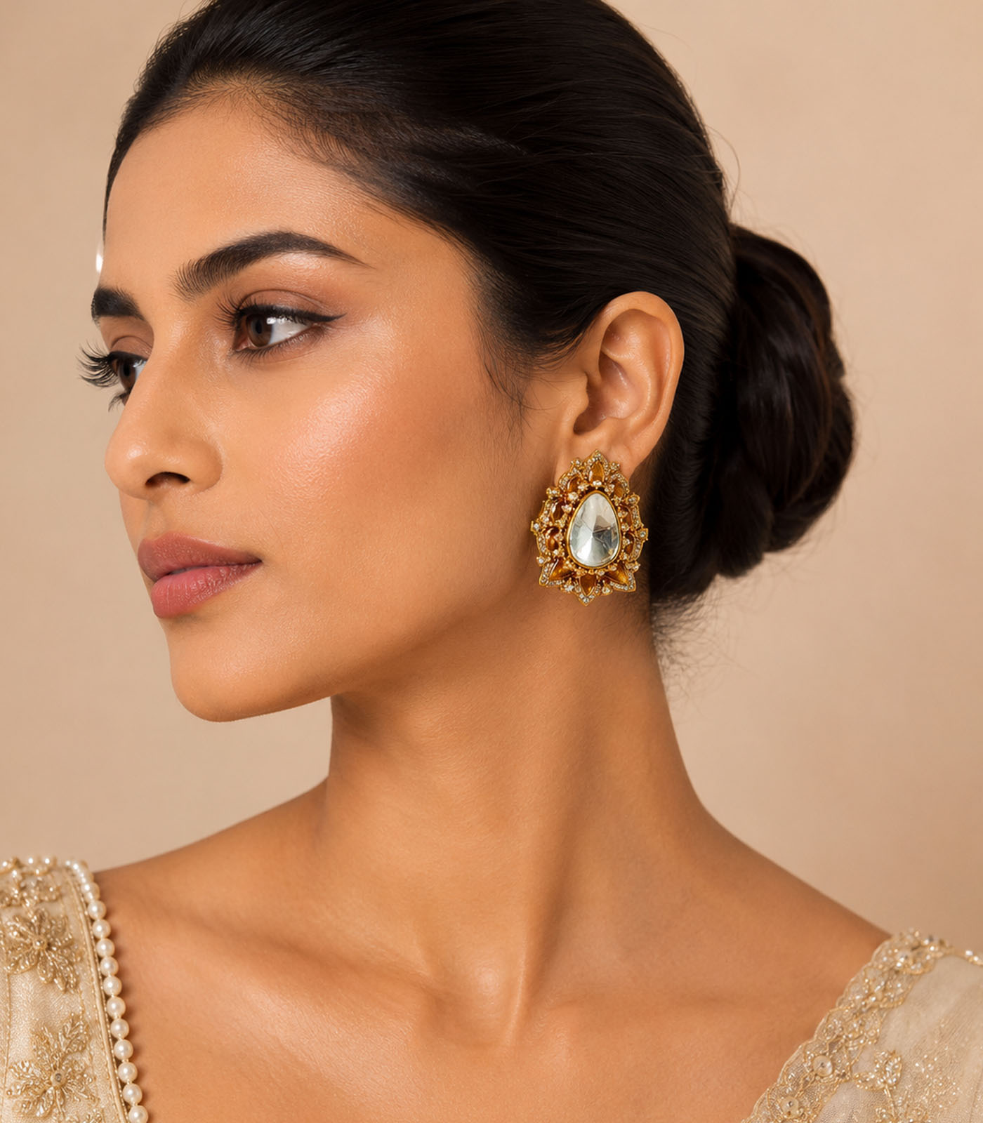 Pear Cut Polki Floral Stud Earrings