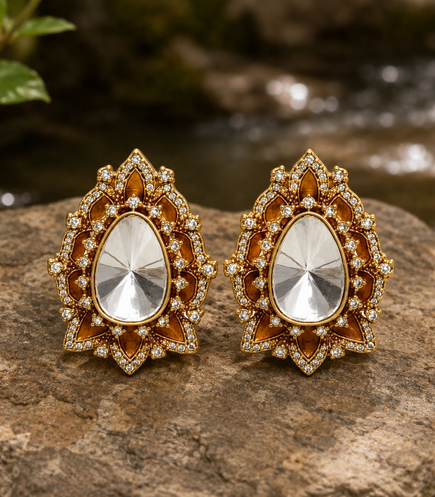 Pear Cut Polki Floral Stud Earrings - Image 3