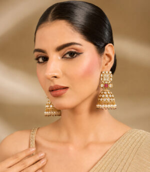 Polki Jhumka Earrings with Pearl Fringe