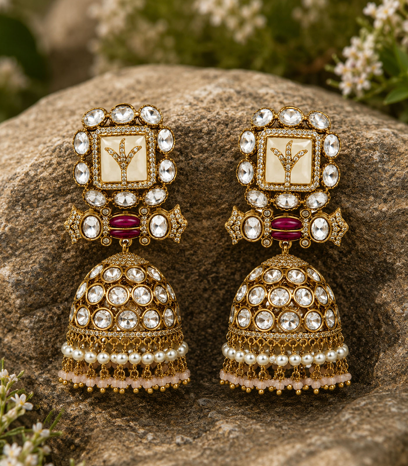Polki Jhumka Earrings with Pearl Fringe - Image 3