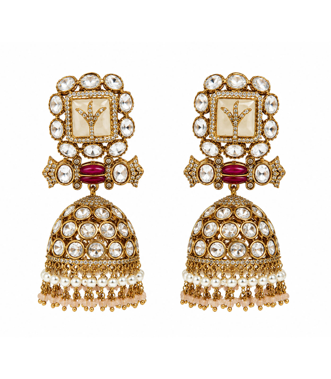 Polki Jhumka Earrings with Pearl Fringe - Image 2