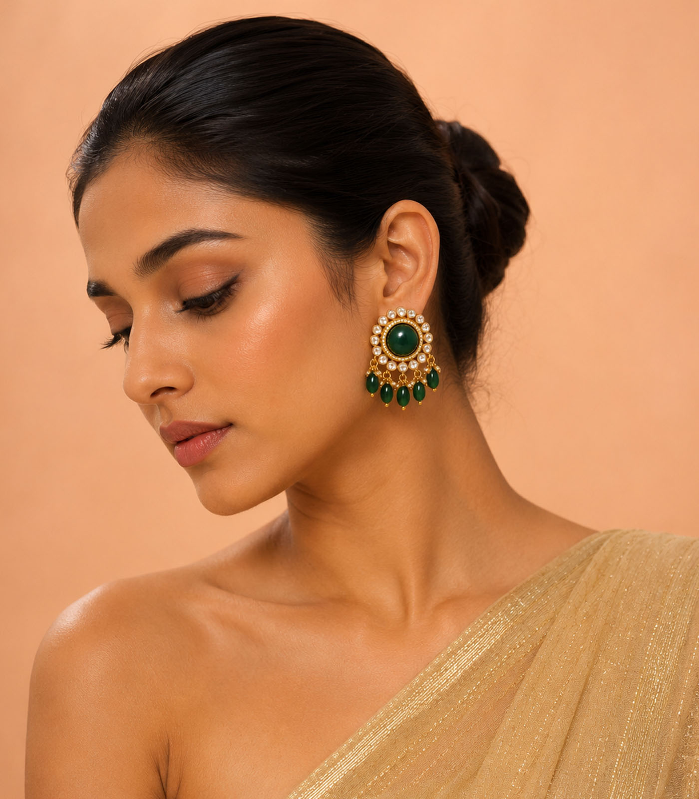 Emerald Stud Earrings with Pearl & Bead Drops