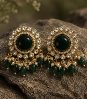 Emerald Stud Earrings with Pearl & Bead Drops