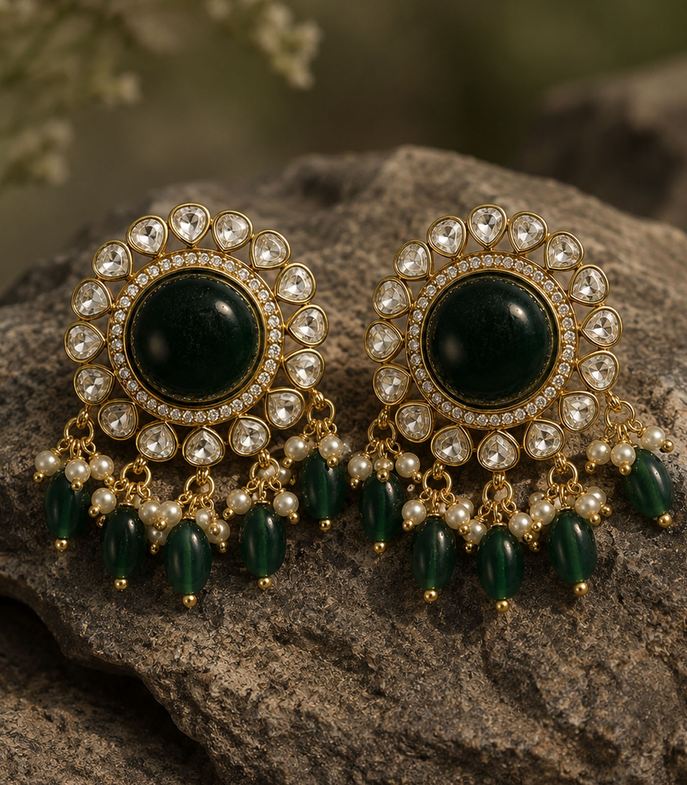 Emerald Stud Earrings with Pearl & Bead Drops - Image 3