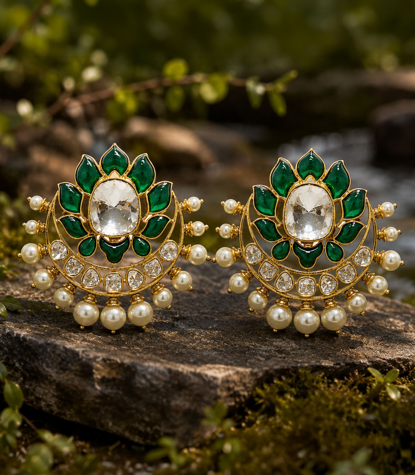 Emerald Floral Polki Earrings - Image 3