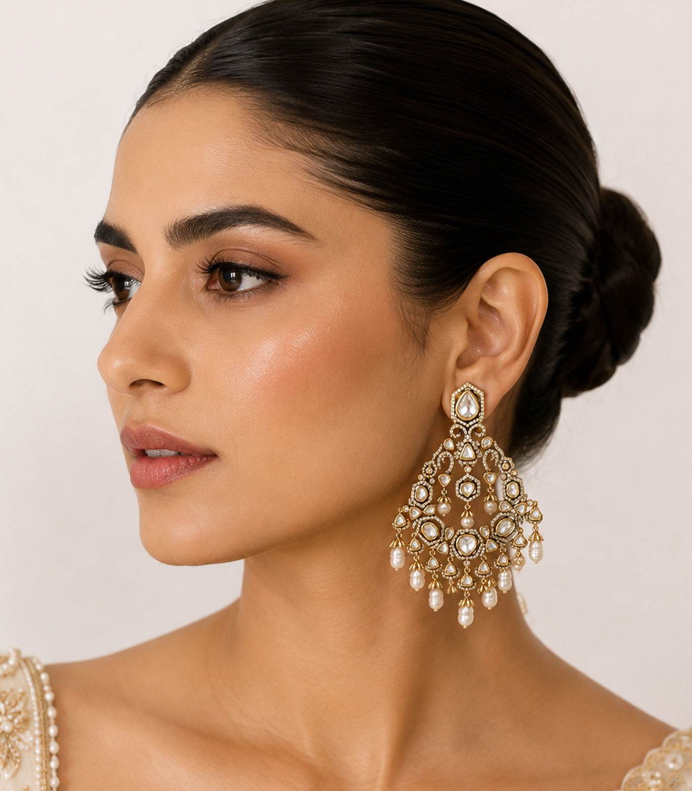 Polki Chandelier Earrings with Pearl Drops
