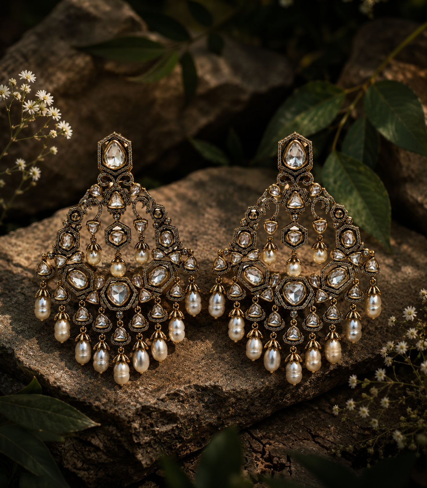 Polki Chandelier Earrings with Pearl Drops - Image 3