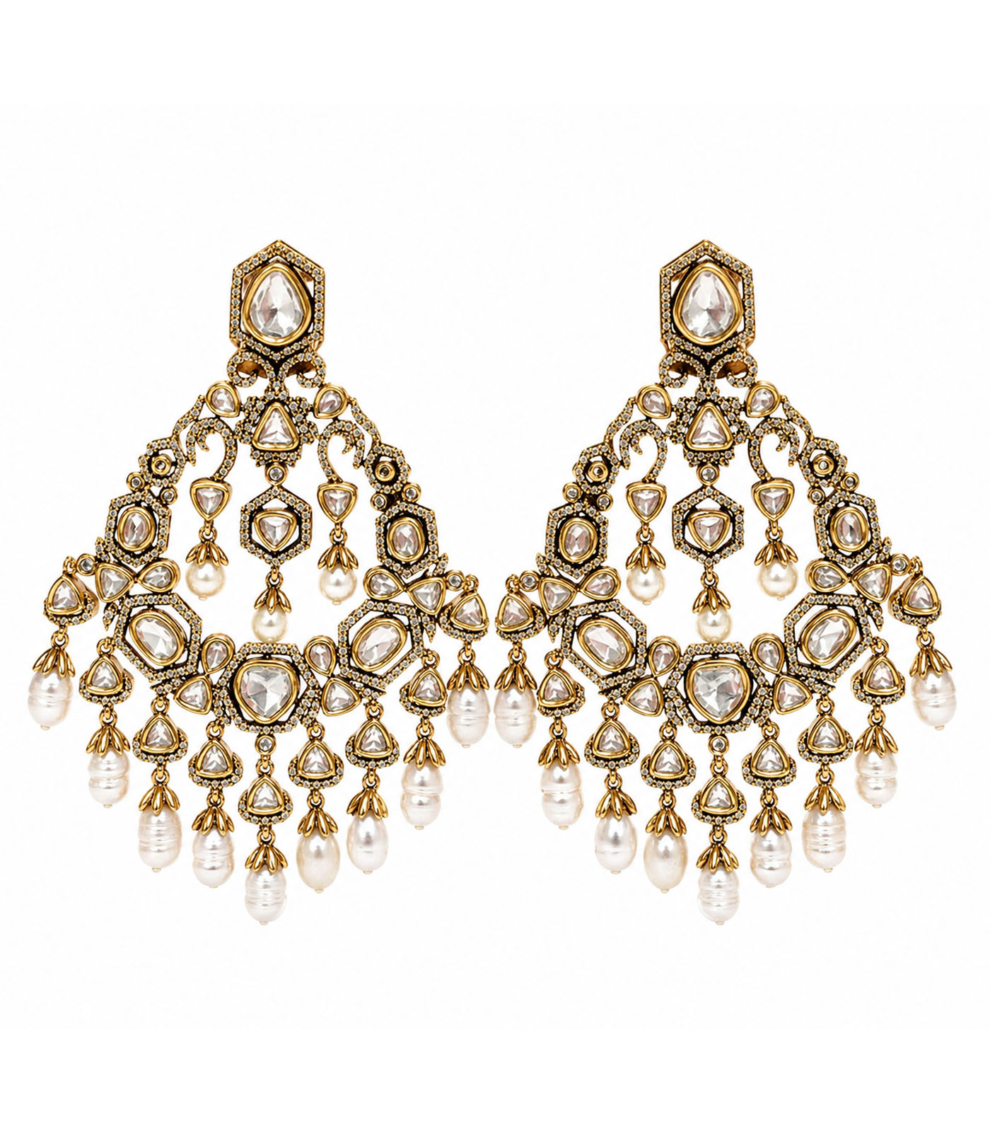 Polki Chandelier Earrings with Pearl Drops - Image 2