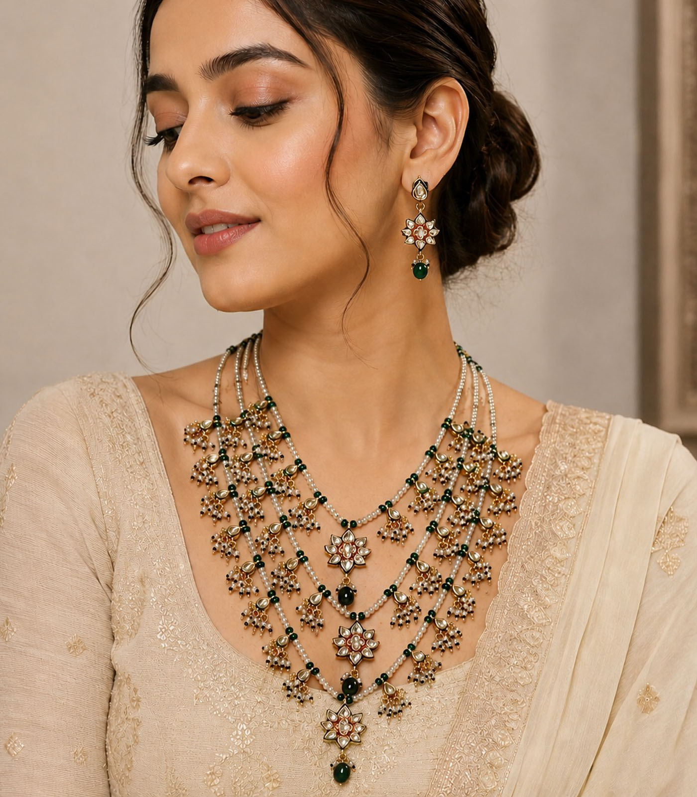 Layered Kundan & Emerald Beaded Necklace Set