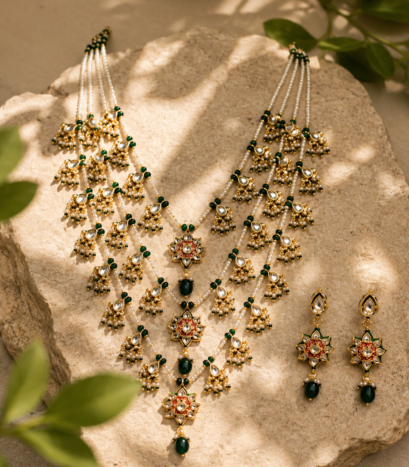 Layered Kundan & Emerald Beaded Necklace Set - Image 3