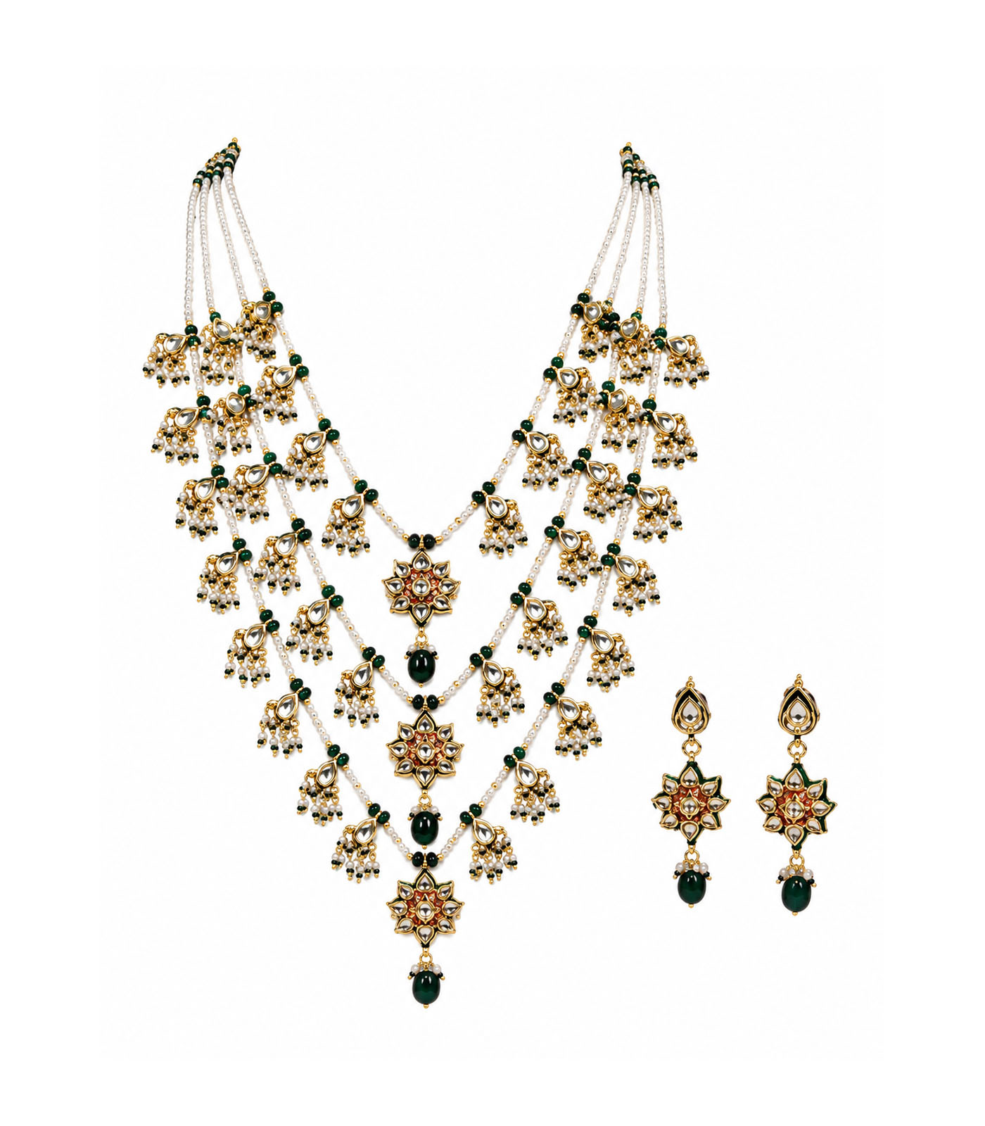 Layered Kundan & Emerald Beaded Necklace Set - Image 4
