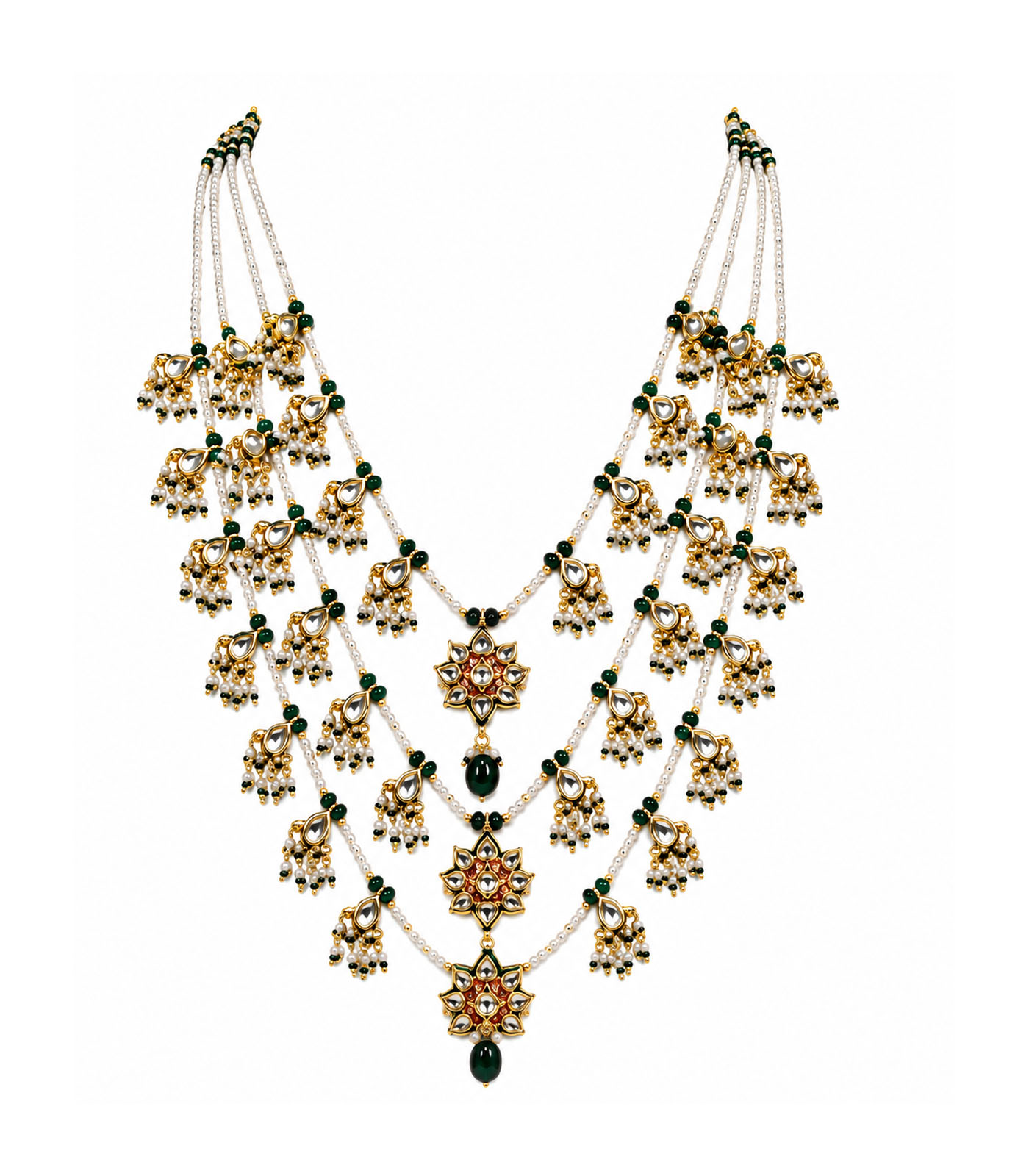 Layered Kundan & Emerald Beaded Necklace Set - Image 5