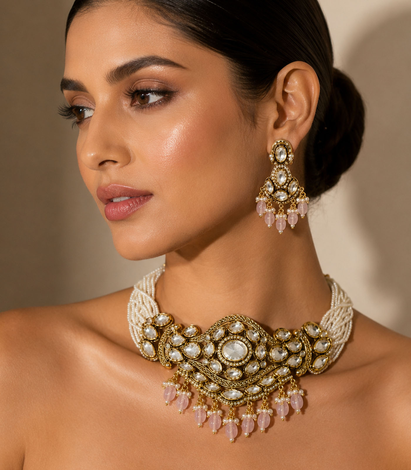 Kundan Pastel Pink Beaded Choker Set