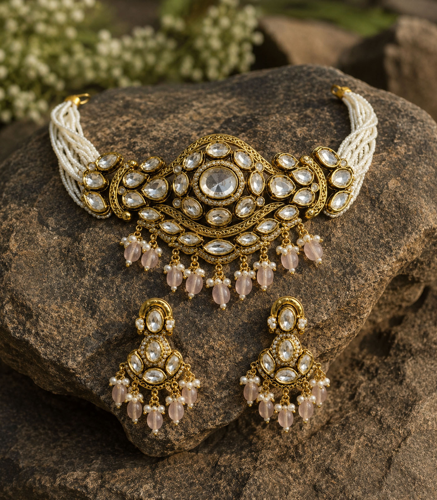 Kundan Pastel Pink Beaded Choker Set - Image 3