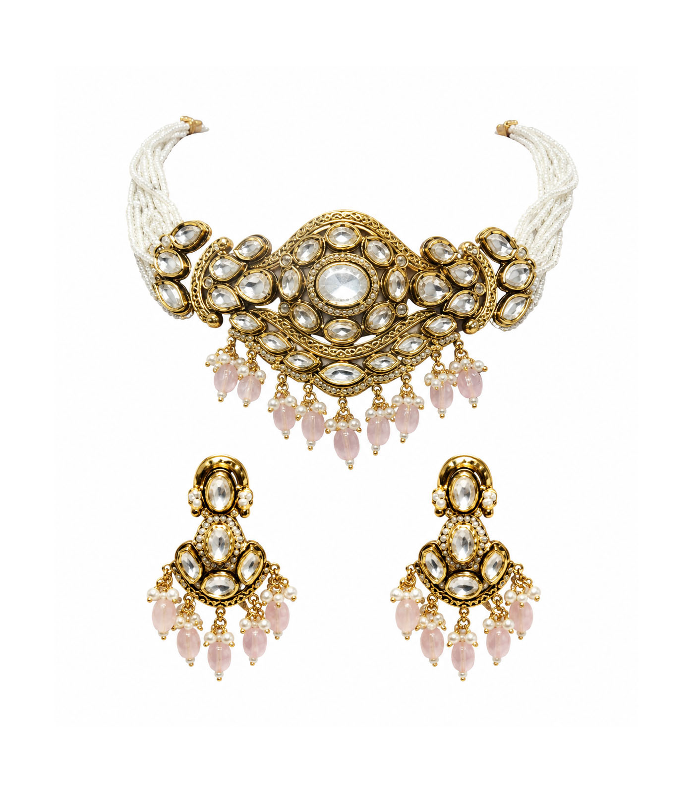 Kundan Pastel Pink Beaded Choker Set - Image 4