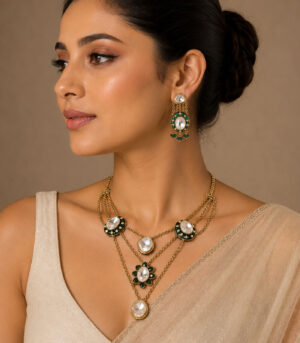 Emerald Kundan Layered Necklace Set with Drop Earrings