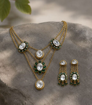 Emerald Kundan Layered Necklace Set with Drop Earrings