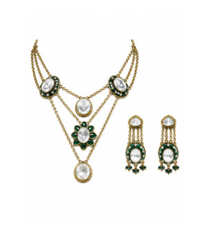 Emerald Kundan Layered Necklace Set with Drop Earrings