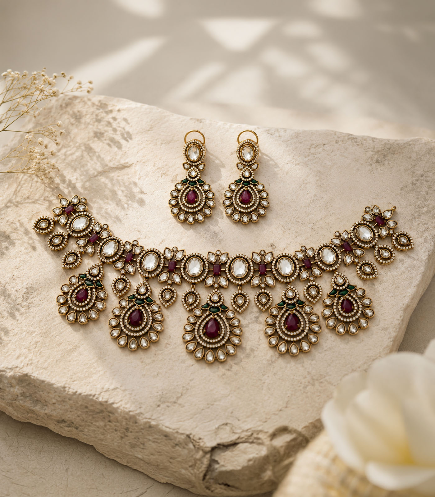 Ruby Kundan Statement Necklace Set - Image 3