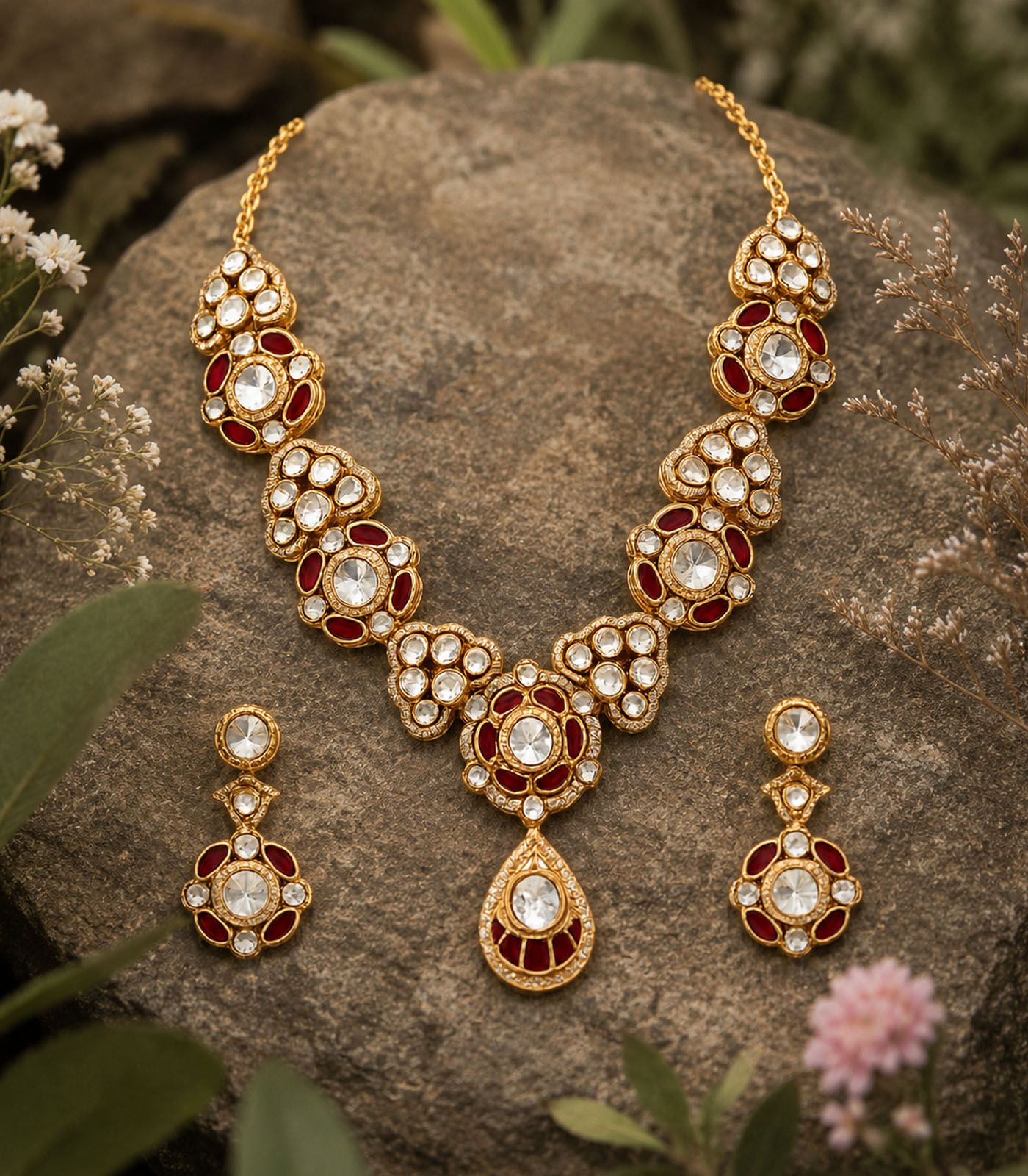 Ruby Kundan Choker Necklace Set with Drop Earrings - Image 2