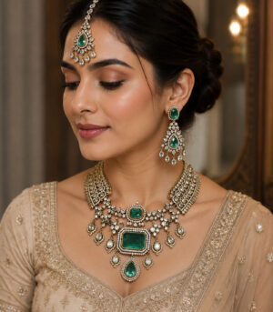 Emerald Green Bridal Polki Necklace Set with Maang Tikka & Statement Earrings